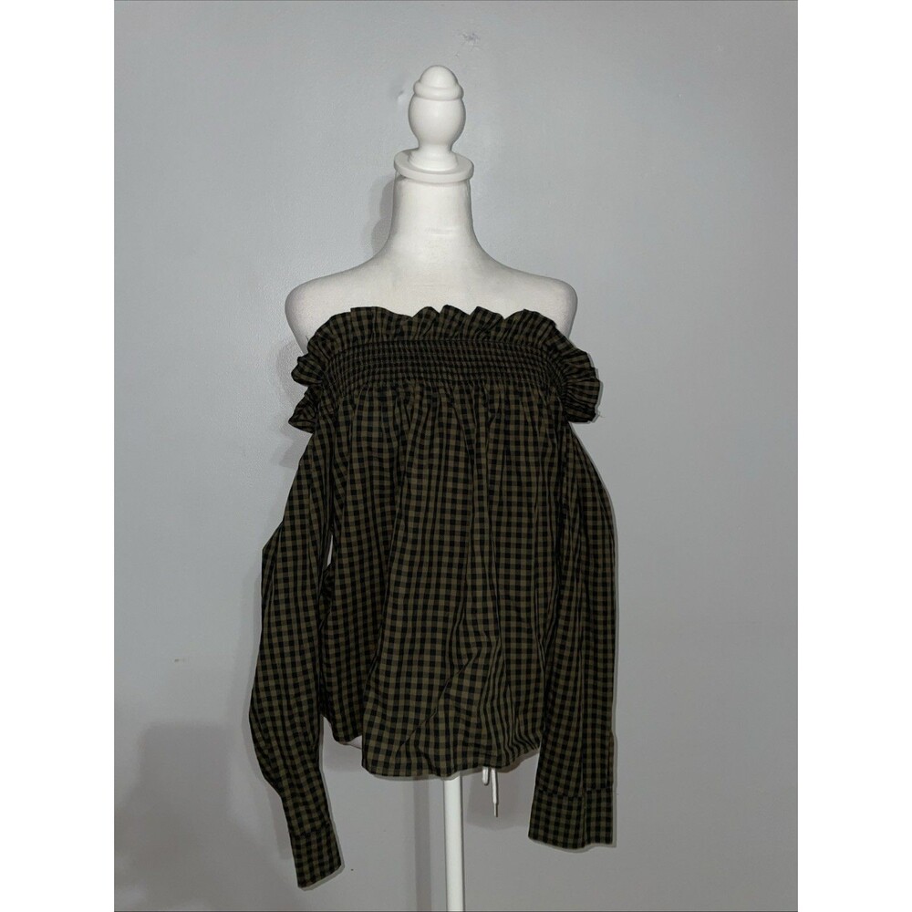 Forever 21 Womens M Olive Black Gingham Check Off Shoulder Smocked Blouse